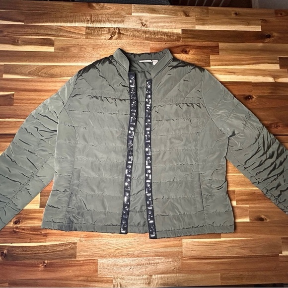 Chicos Jeweled Trim Olive Green Quilted Puffer Jacket Sz 2 (L/12) - Picture 4 of 13